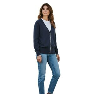 Brooks Brothers Silk Cotton Navy Blue V-Neck Tipped Cardigan Sweater Womens S